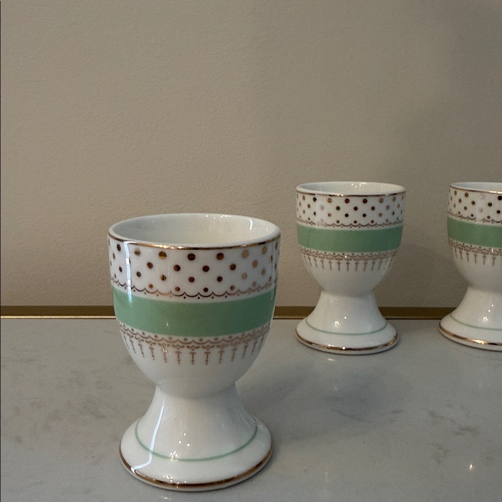 GRACE TEAWARE MINT GREEN GOLD Pin DOTS EGG CUP HOLDER STAND 4PC - Picture 5 of 5